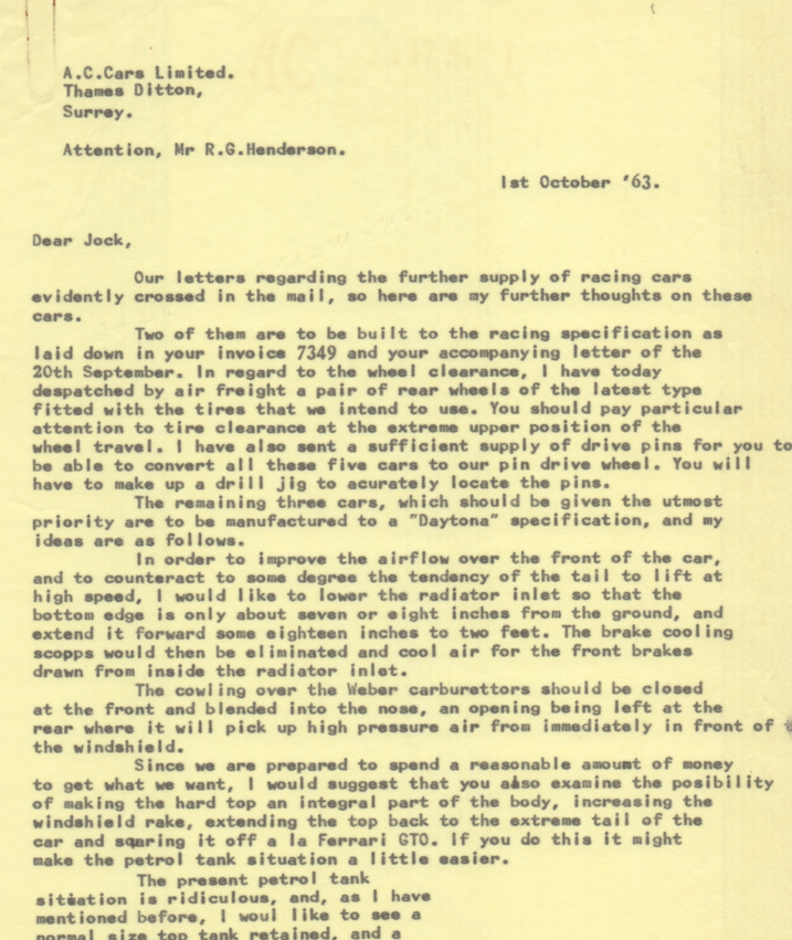 Ken Miles Letter to A.C. Cars: 01 October 1963